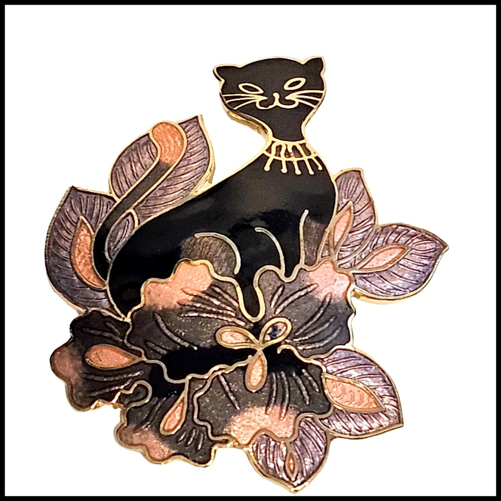 Vintage Cloisonne Siamese Cat Flowers Gold Tone Brooch Pin